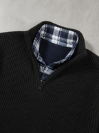 Code Culture catalog | mens-business-casual-loose-zip-stand-collar-sweater | black | macro flat lay