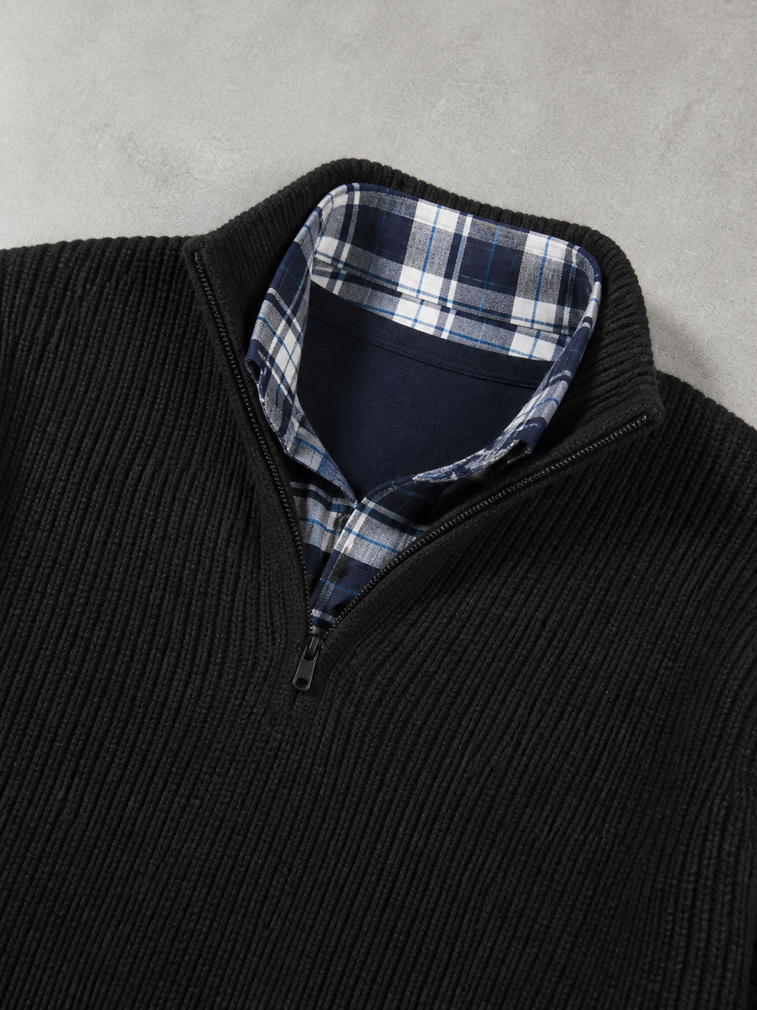 Code Culture catalog | mens-business-casual-loose-zip-stand-collar-sweater | black | macro flat lay