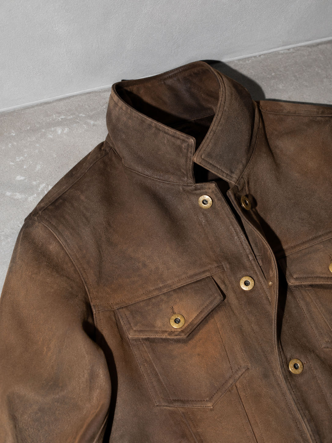 Code Culture catalog | new-suede-jacket-lapel-mens-workwear-coat | color-coffee | macro flat lay