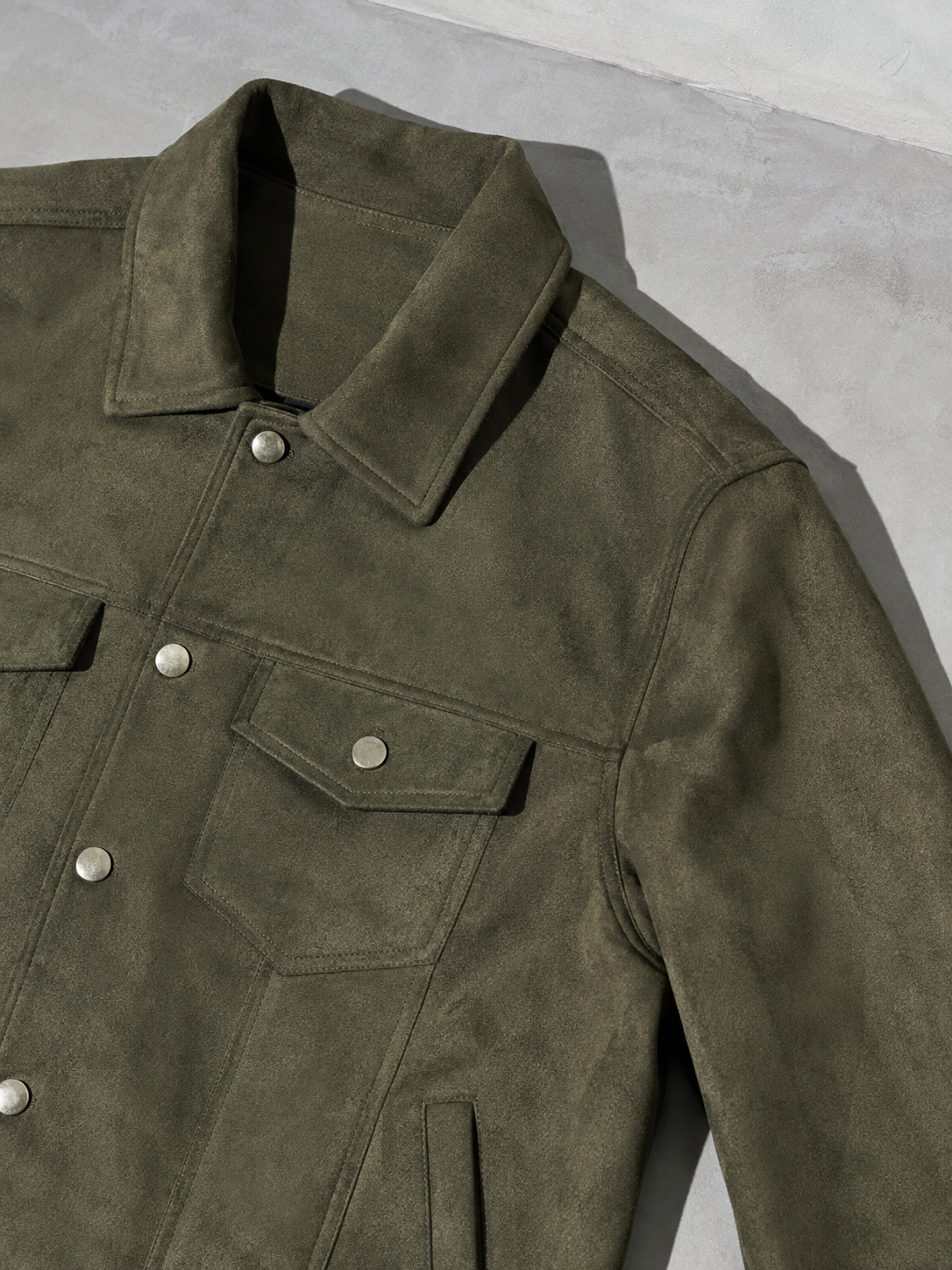 Code Culture catalog | new-suede-jacket-lapel-mens-workwear-coat | color-army-green | macro flat lay