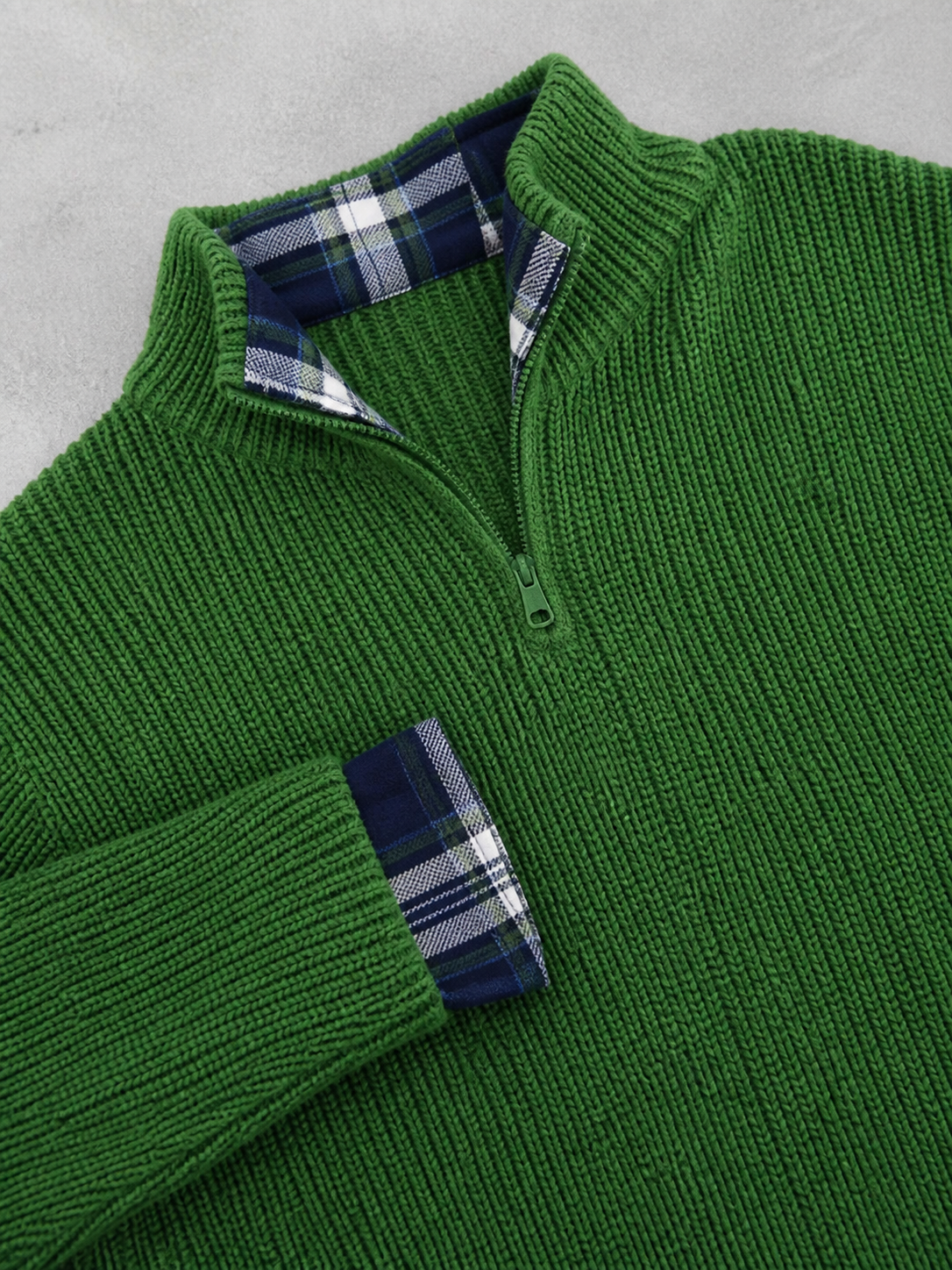 Code Culture catalog | mens-business-casual-loose-zip-stand-collar-sweater | green | macro flat lay
