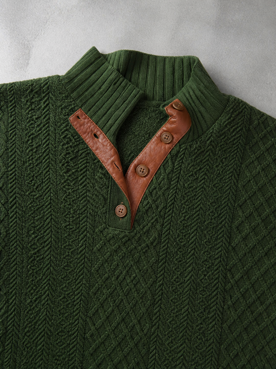 Code Culture catalog | stand-collar-long-sleeve-jacquard-knitted-pullover-sweater | army-green | macro flat lay