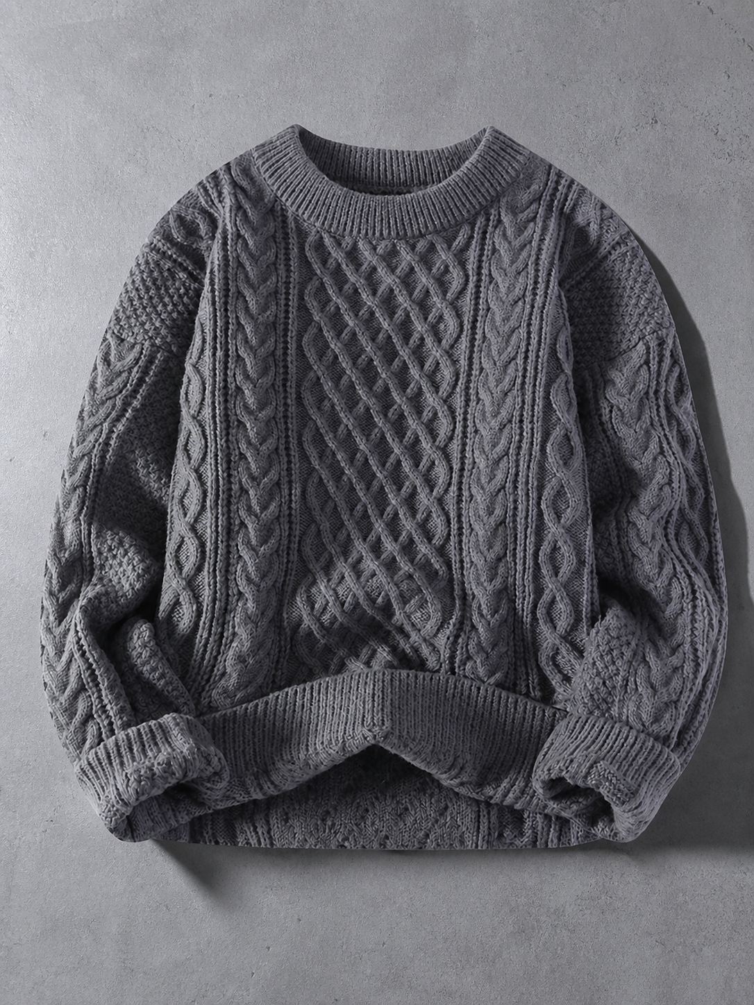 Code Culture catalog | autumn-and-winter-new-mens-twist-sweater-casual-round-neck-pullover-top | b046-gray | macro flat lay