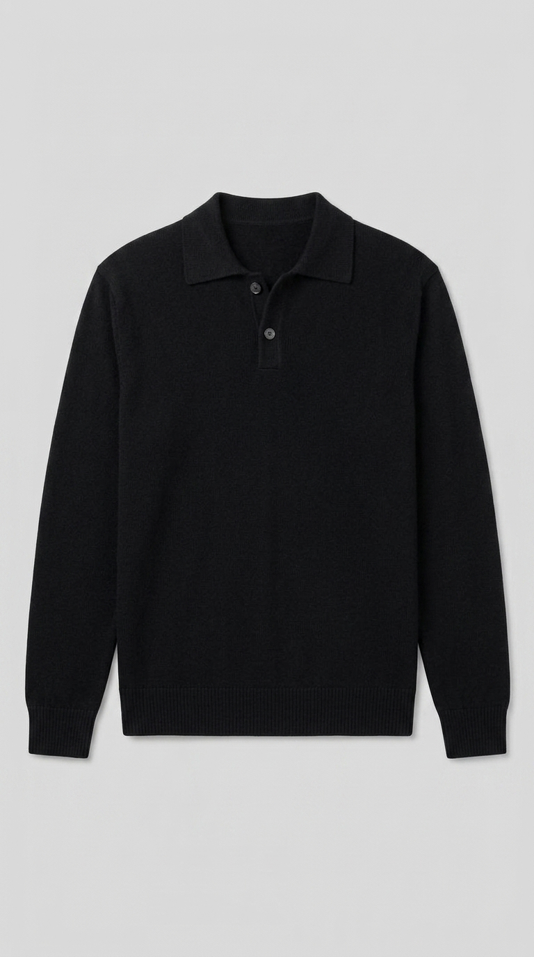 Code Culture catalog | lapel-polo-sweater-mens-loose-sweater | black | macro flat lay