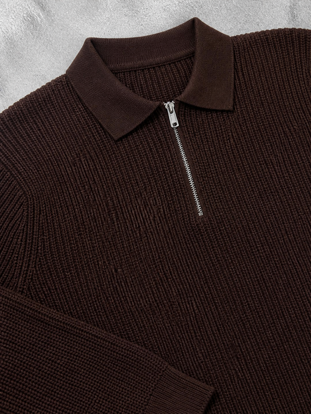 Code Culture catalog | mens-zip-up-polo-knit-sweater | brown | macro flat lay
