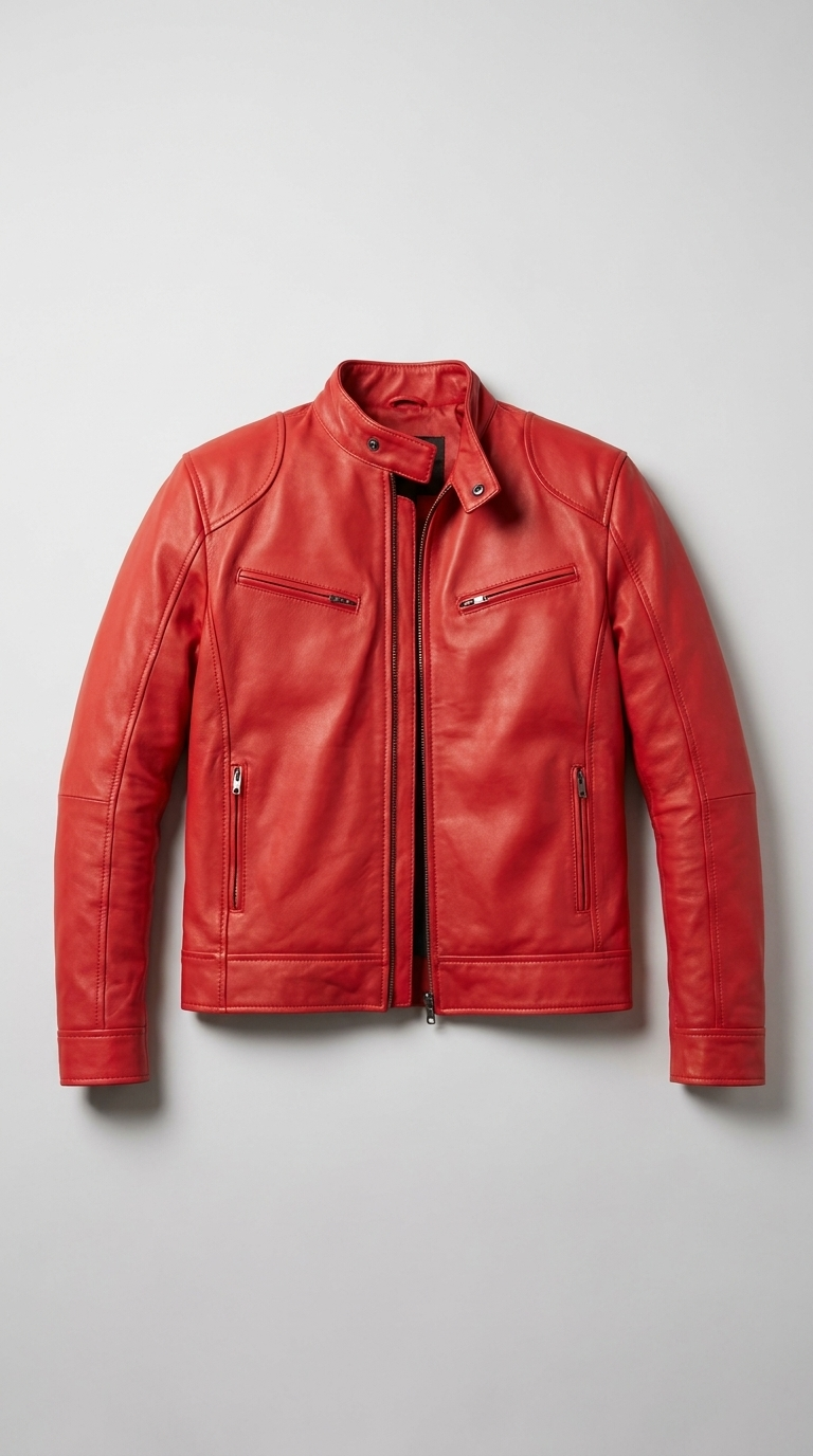 Code Culture catalog | mens-cardigan-zip-leather-jacket | bright-red | macro flat lay