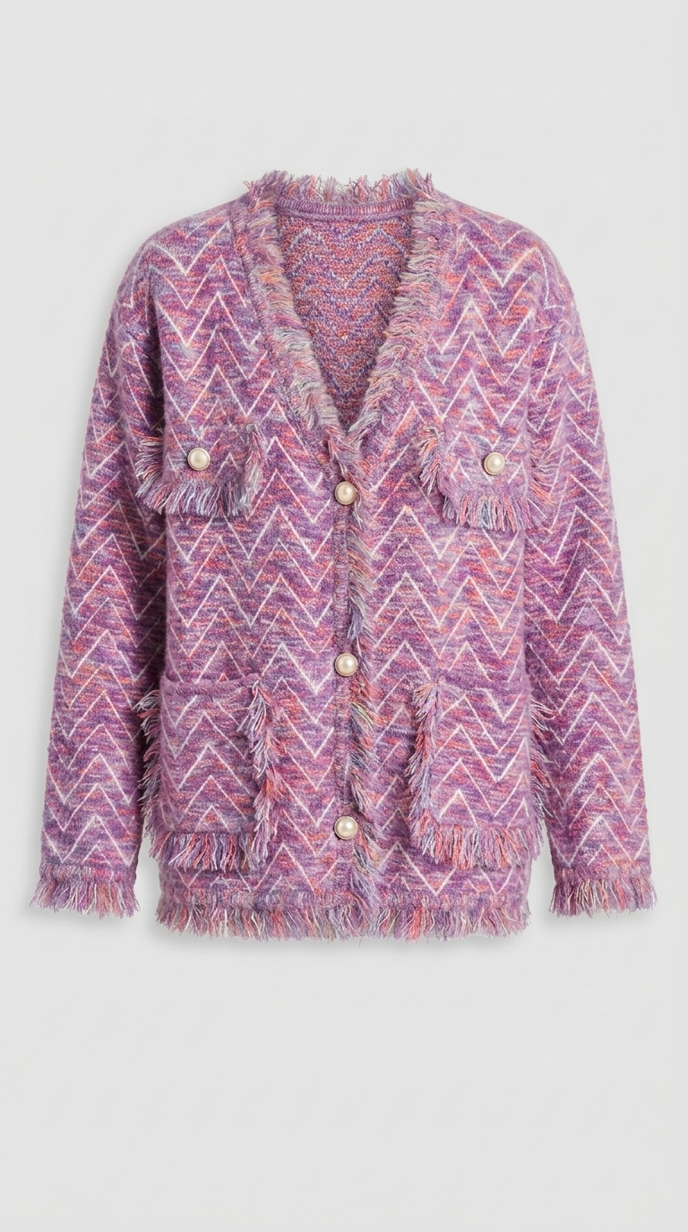 Code Culture catalog | womens-fringed-knitted-cardigan-coat | purple | macro flat lay