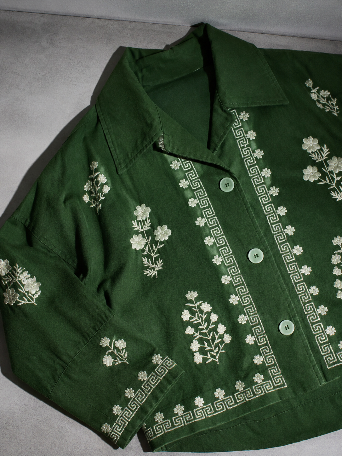 Code Culture catalog | loose-embroidered-linen-tunic-bomber-jacket | color-green | macro flat lay