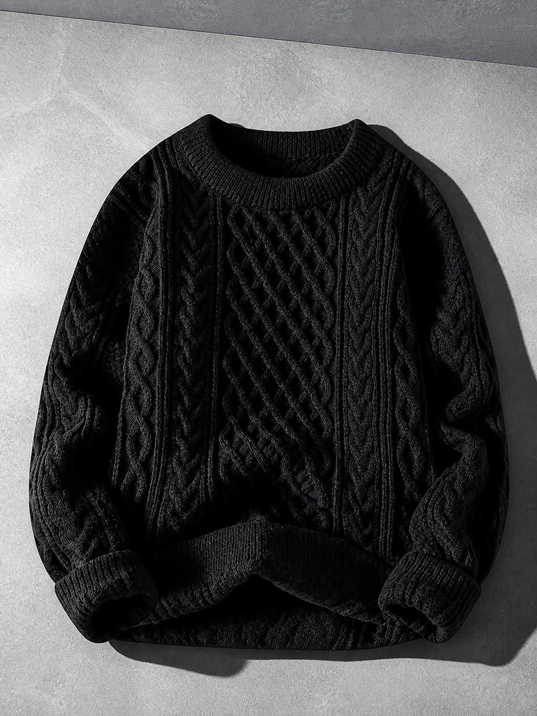 Code Culture catalog | autumn-and-winter-new-mens-twist-sweater-casual-round-neck-pullover-top | b046-black | macro flat lay