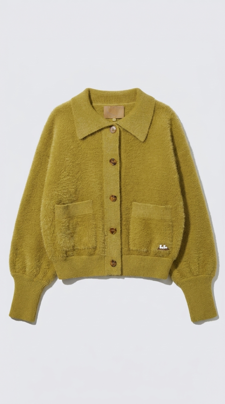 Code Culture catalog | imitation-mink-cashmere-sweater-cardigan | green | macro flat lay