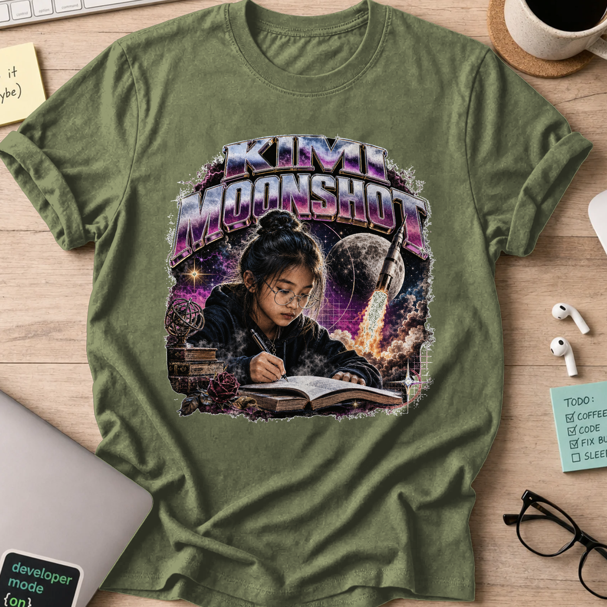 Mini Moonshot Cosmic Retro Shirt — Military Green storefront mockup