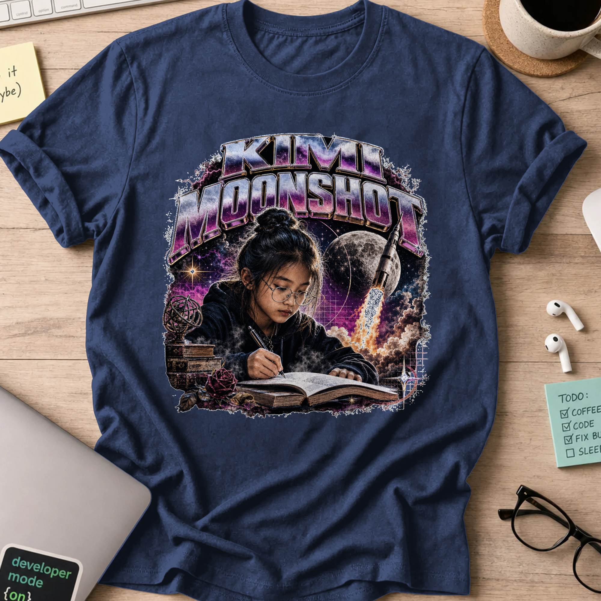 Mini Moonshot Cosmic Retro Shirt — Navy storefront mockup
