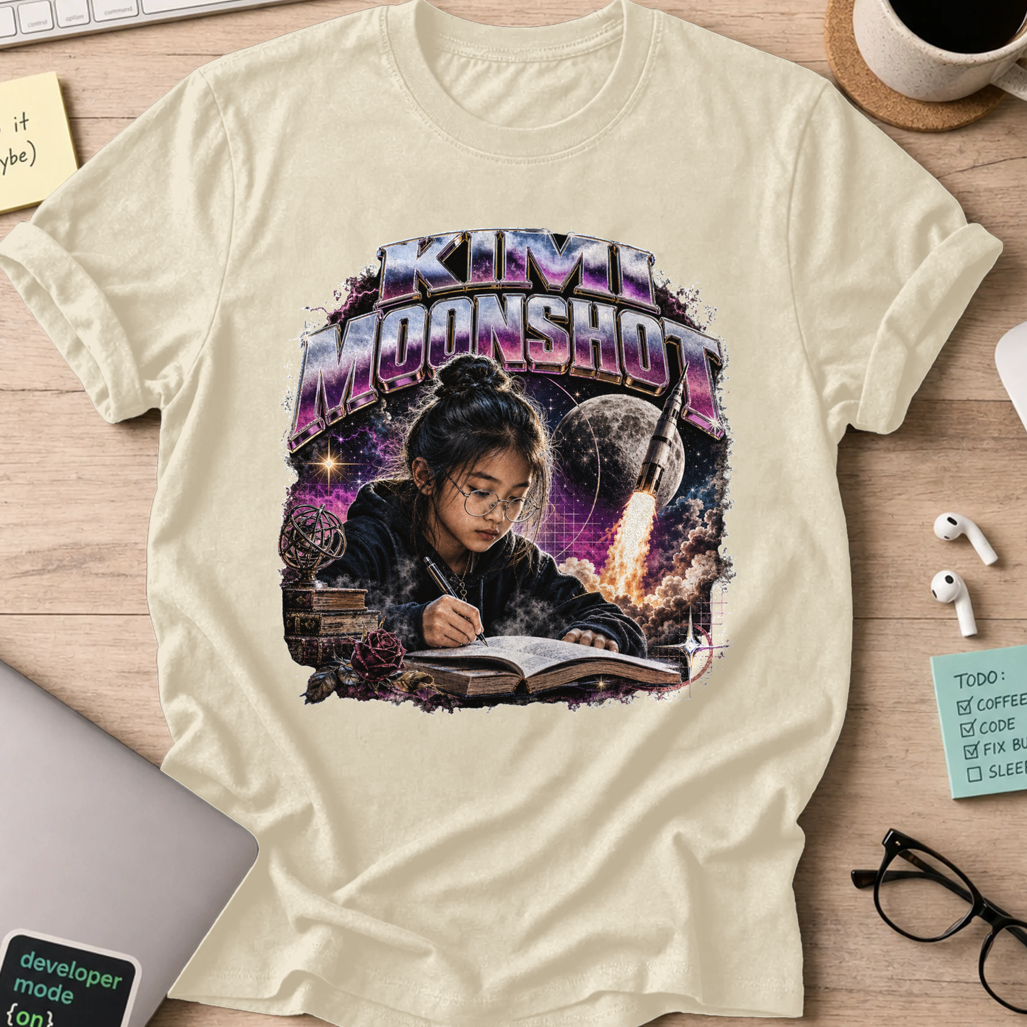 Mini Moonshot Cosmic Retro Shirt — Natural storefront mockup