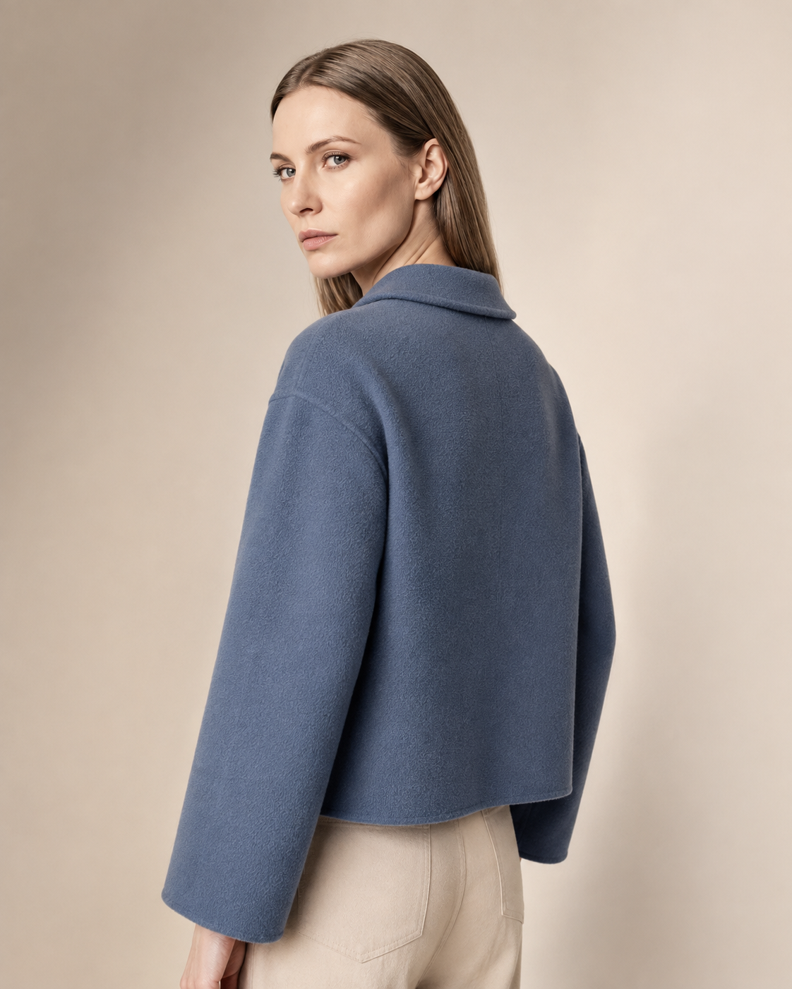 Women's Cropped Button-Front Woolen Jacket for Layering in Haze Blue, 04 back or side, worn by model