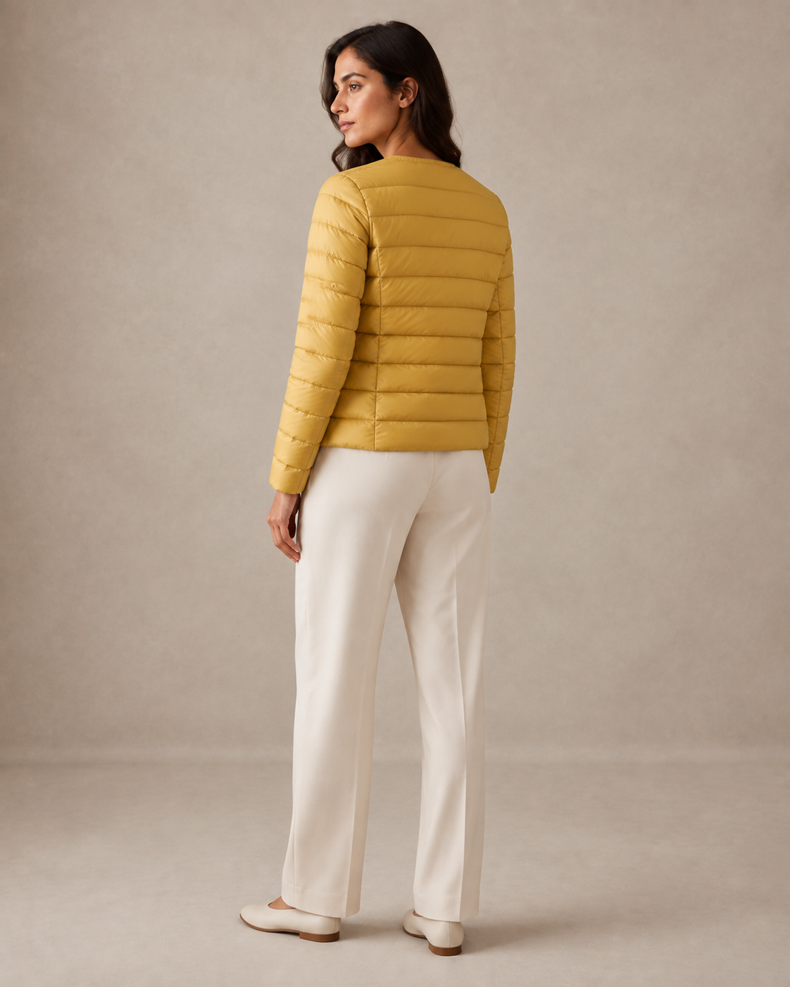 Women's Lightweight Down-Filled Quilted Jacket for Layering in Ginger Yellow, 04 back or side, worn by model