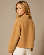 Women's Cropped Button-Front Woolen Jacket for Layering in Camel, 04 back or side, worn by model