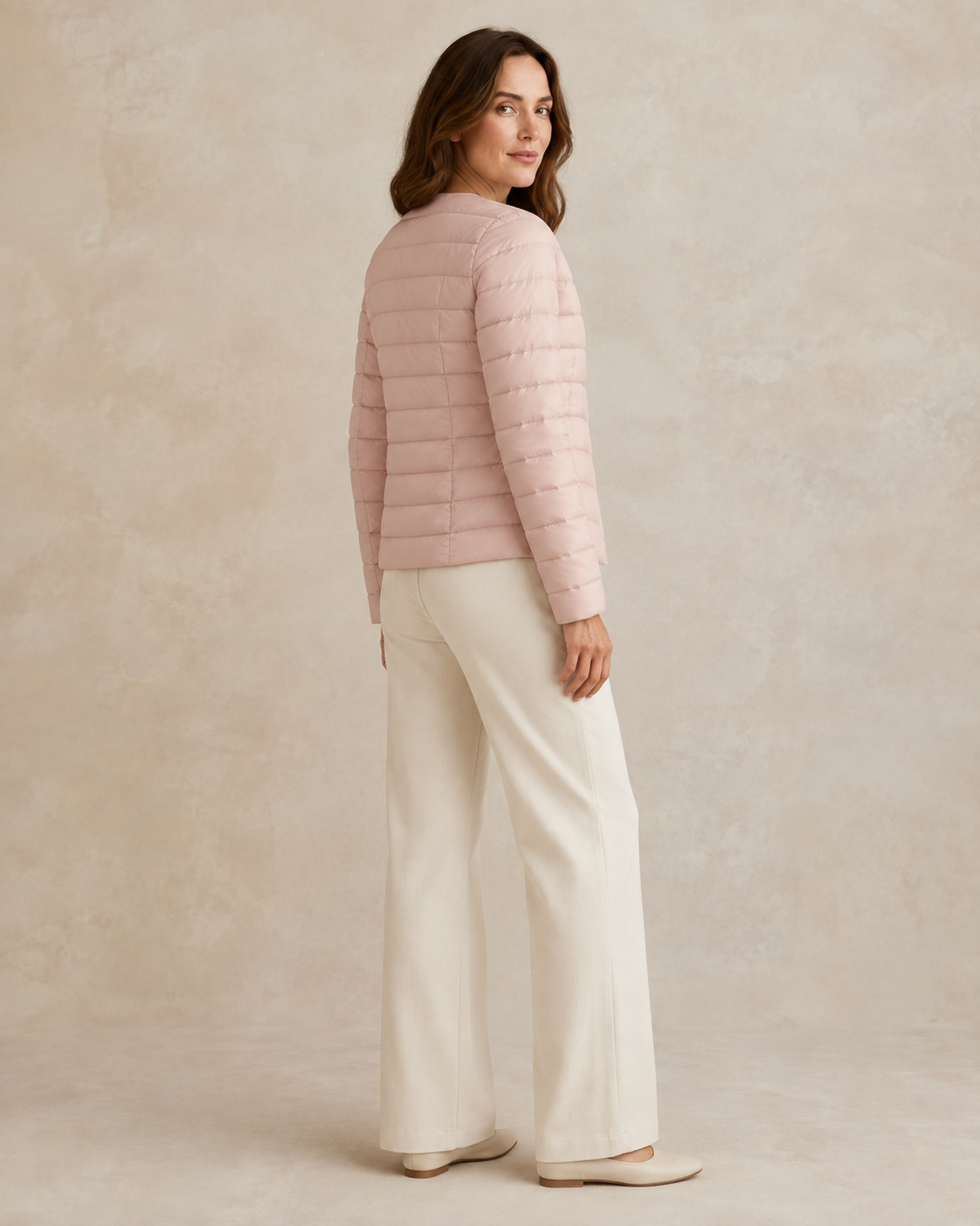 Women's Lightweight Down-Filled Quilted Jacket for Layering in Light Purple, 04 back or side, worn by model