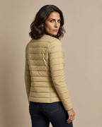Women's Lightweight Down-Filled Quilted Jacket for Layering in Khaki, 04 back or side, worn by model