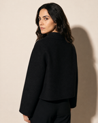 Women's Cropped Button-Front Woolen Jacket for Layering in Black, 04 back or side, worn by model