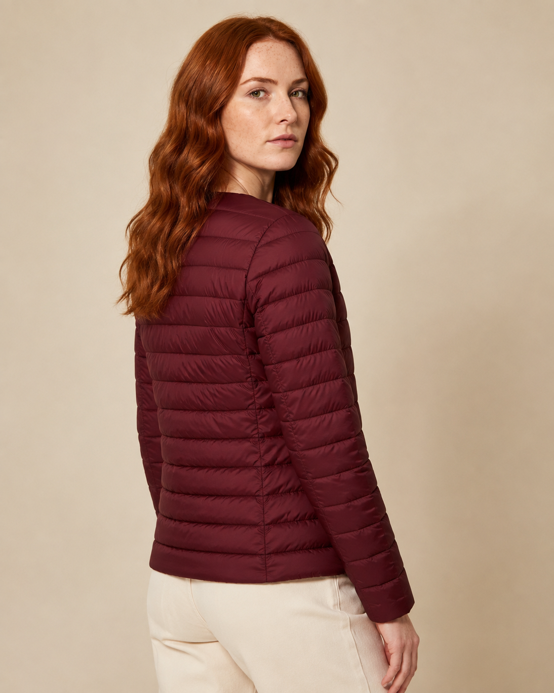 Women's Lightweight Down-Filled Quilted Jacket for Layering in Wine Red, 04 back or side, worn by model