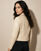 Women's Cropped Faux Leather Blazer with Lapel Collar in Beige, 04 back or side, worn by model
