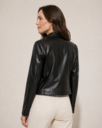Women's Cropped Faux Leather Blazer with Lapel Collar in Black, 04 back or side, worn by model