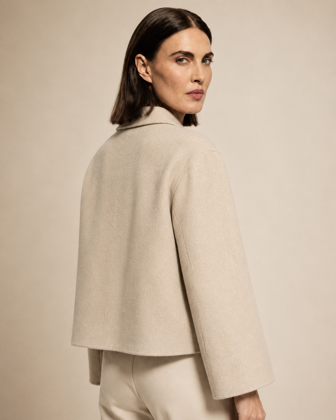 Women's Cropped Button-Front Woolen Jacket for Layering in Beige, 04 back or side, worn by model