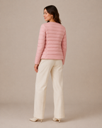 Women's Lightweight Down-Filled Quilted Jacket for Layering in Cherry Blossom Pink, 04 back or side, worn by model