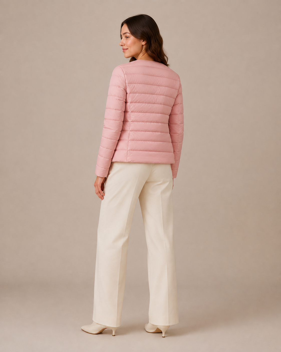 Women's Lightweight Down-Filled Quilted Jacket for Layering in Cherry Blossom Pink, 04 back or side, worn by model