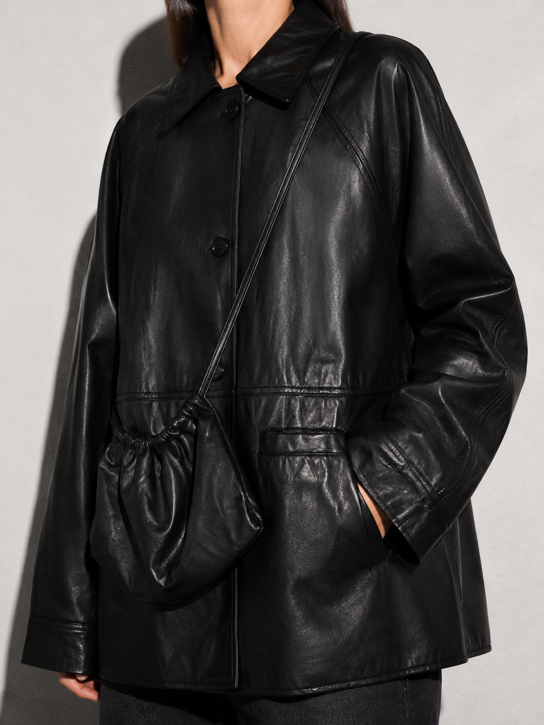 Women's Retro Motorcycle PU Leather Jacket with Bag in Black With Bag, 04 macro, worn by model