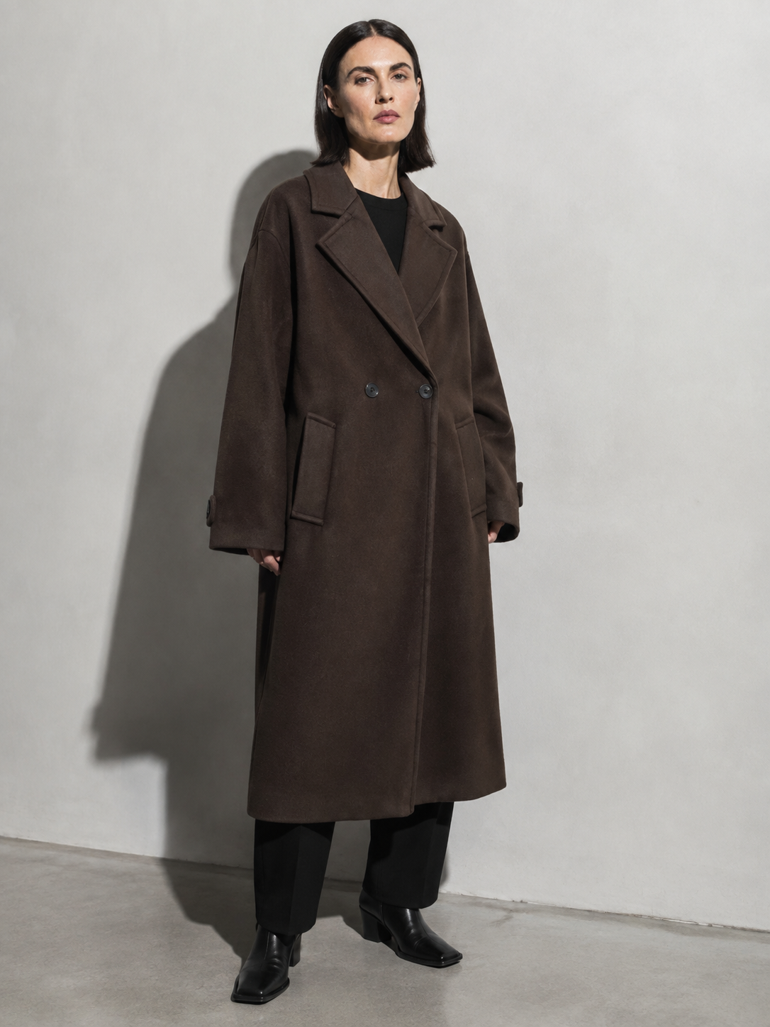 Women's Wide-Cut Reddish Brown Long Coat in Reddish Brown, 04 macro, worn by model