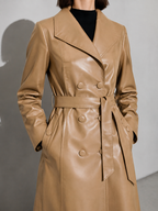 Women's PU Leather Mid-Length Windbreaker in Khaki, 04 macro, worn by model
