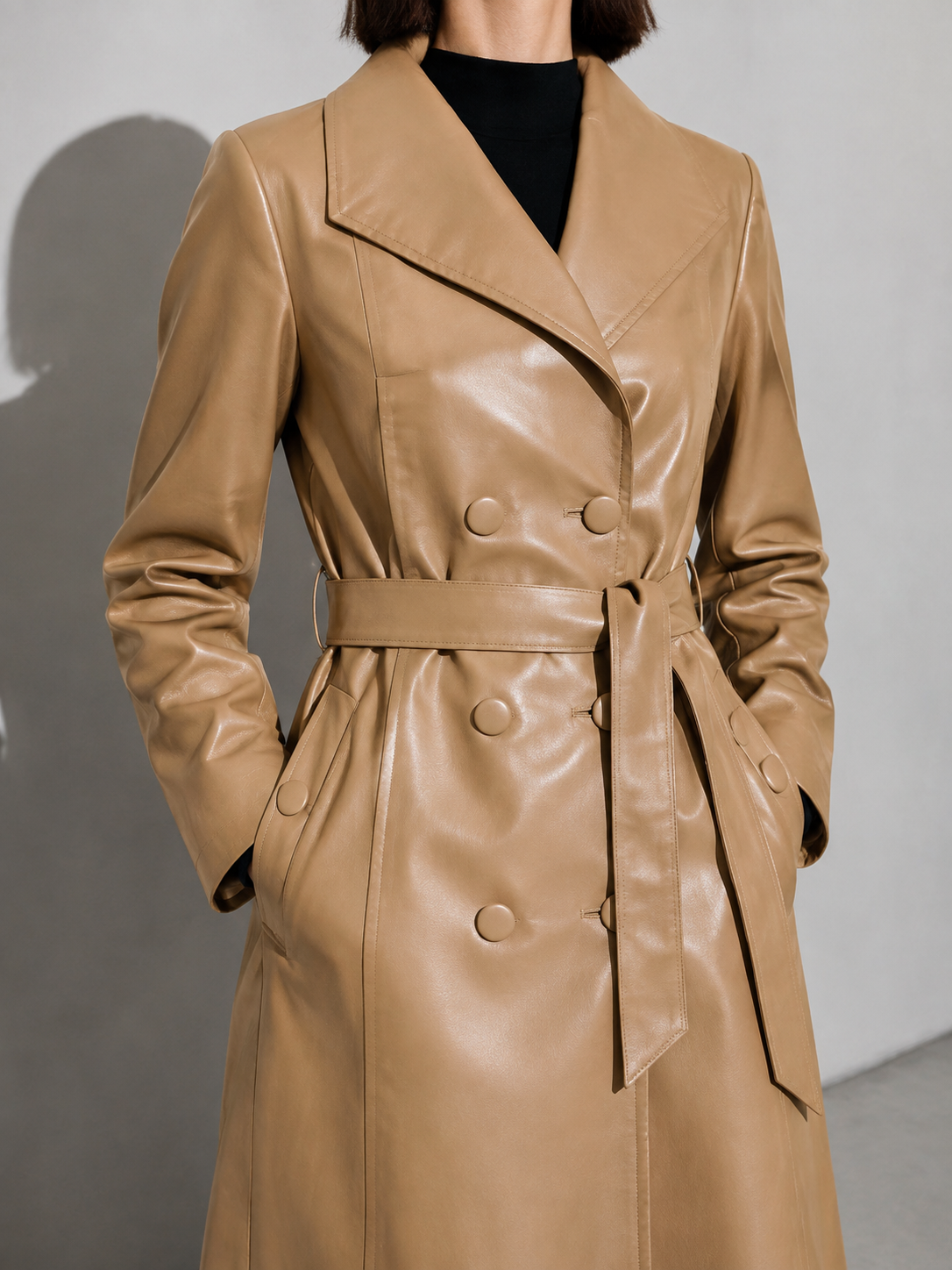 Women's PU Leather Mid-Length Windbreaker in Khaki, 04 macro, worn by model