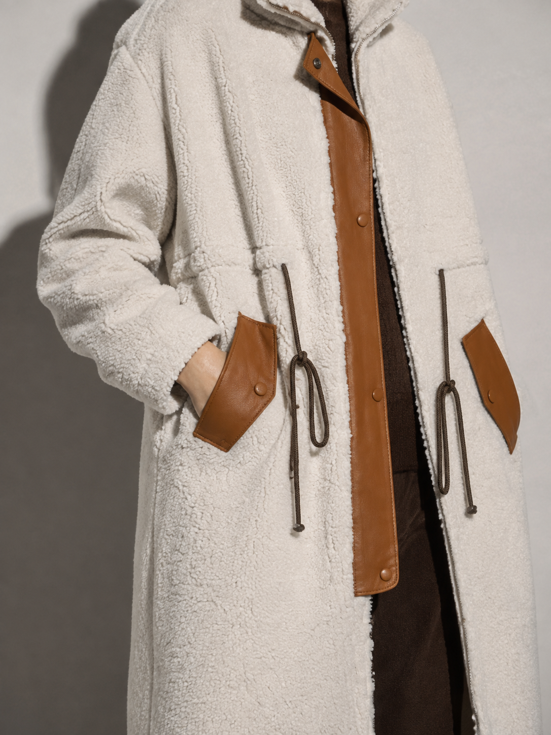 Women's Mid-Length Colorblock Wool Coat in Picture Color, 04 macro, worn by model