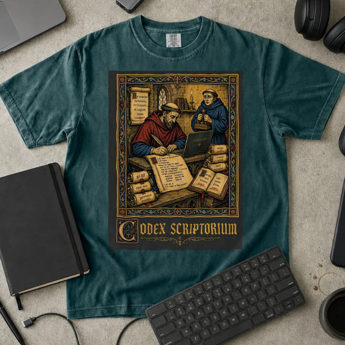 Codex Scriptorium Shirt in Blue Spruce, Comfort Colors 1717 tee flat lay