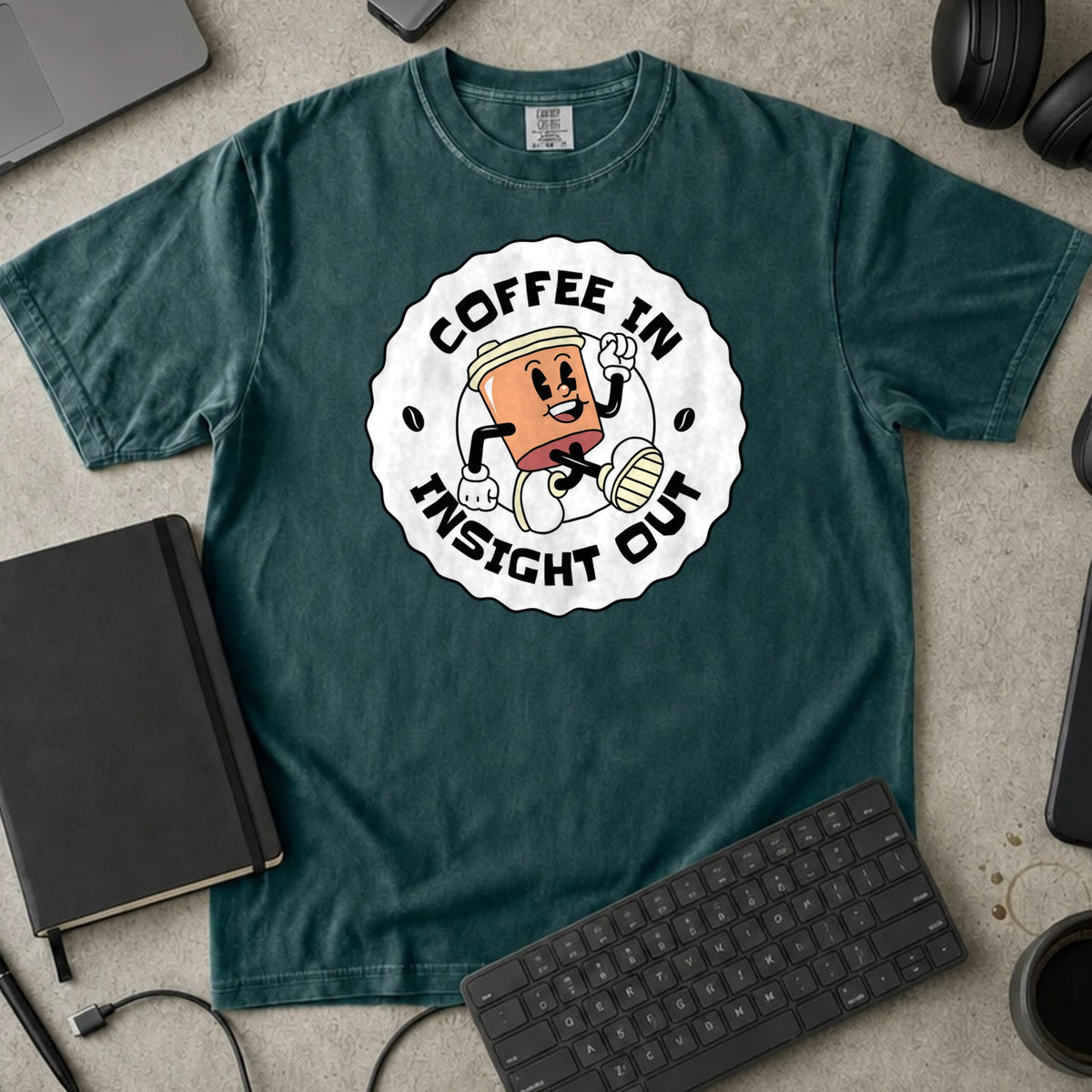 Coffee In Insight Out Shirt in Blue Spruce, Comfort Colors 1717 tee flat lay