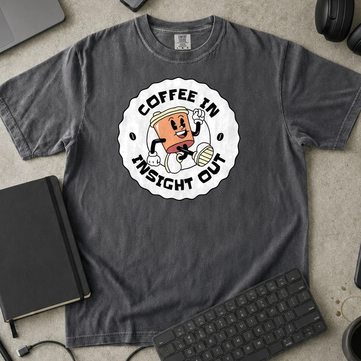 Coffee In Insight Out Shirt in Pepper, Comfort Colors 1717 tee flat lay