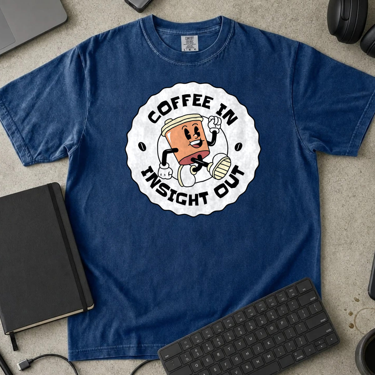 Coffee In Insight Out Shirt in True Navy, Comfort Colors 1717 tee flat lay