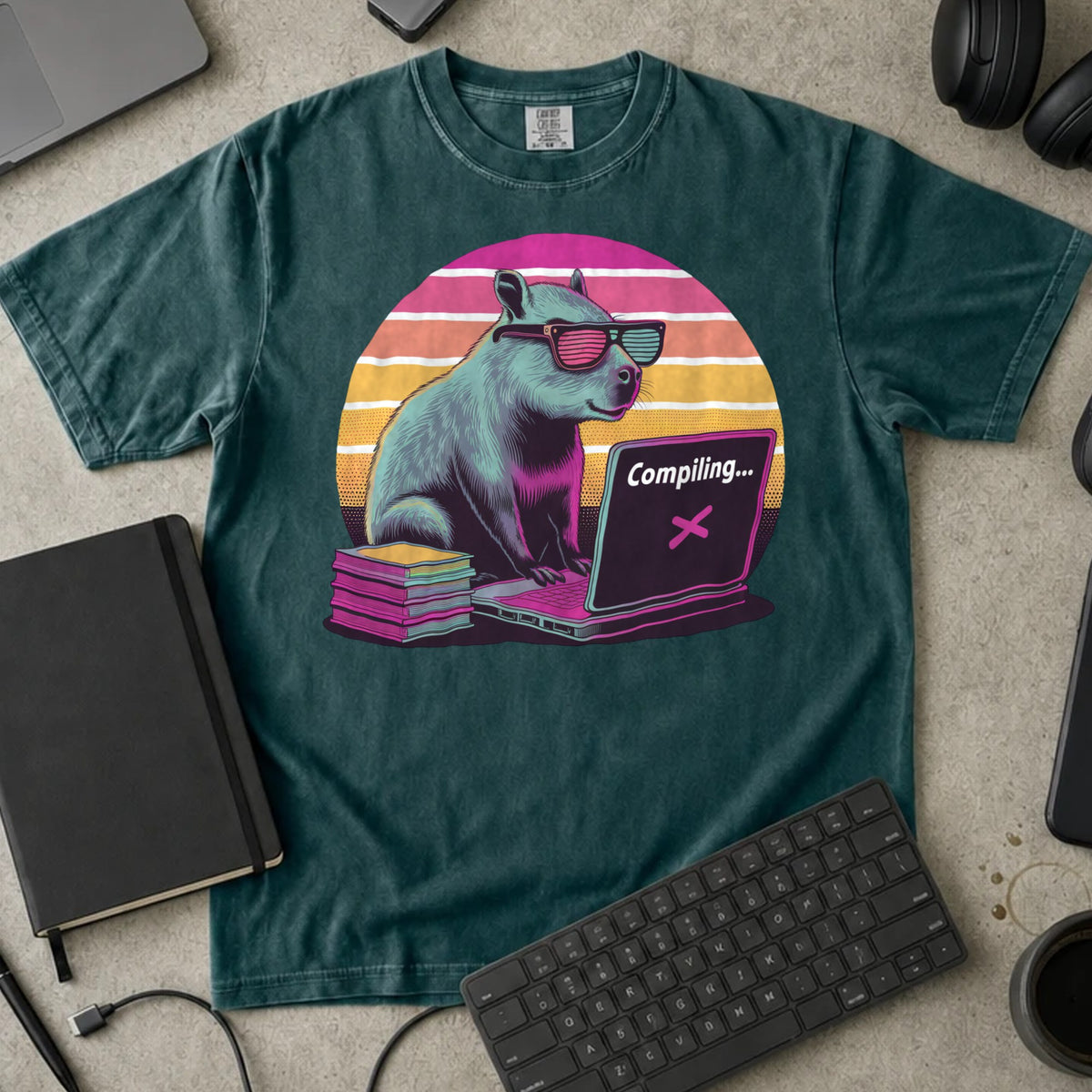Compiling Capybara Shirt in Blue Spruce, Comfort Colors 1717 tee flat lay