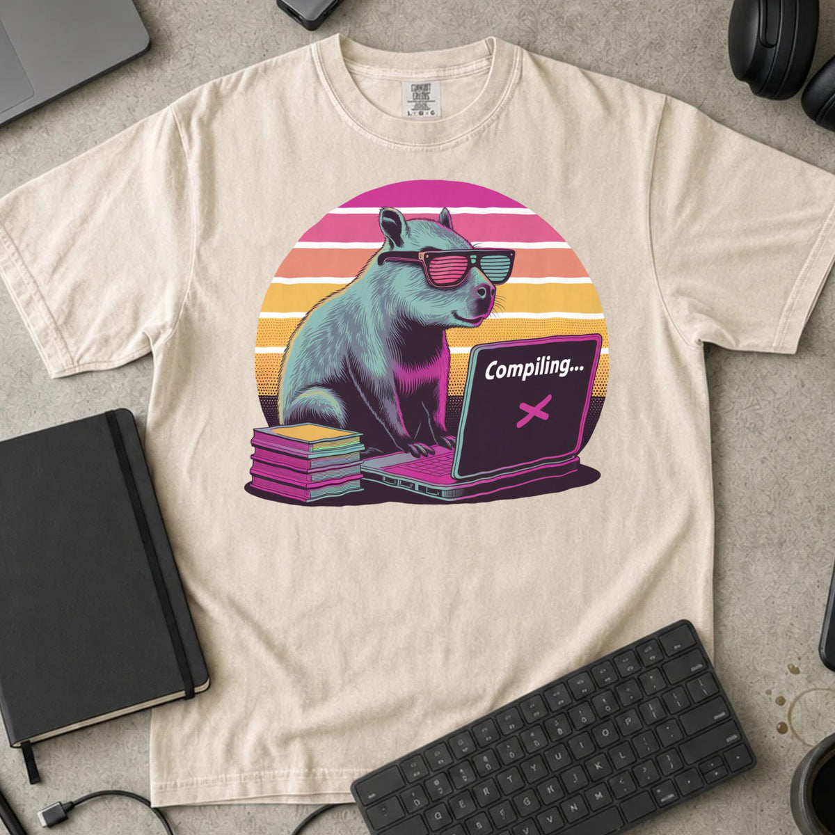 Compiling Capybara Shirt in Ivory, Comfort Colors 1717 tee flat lay