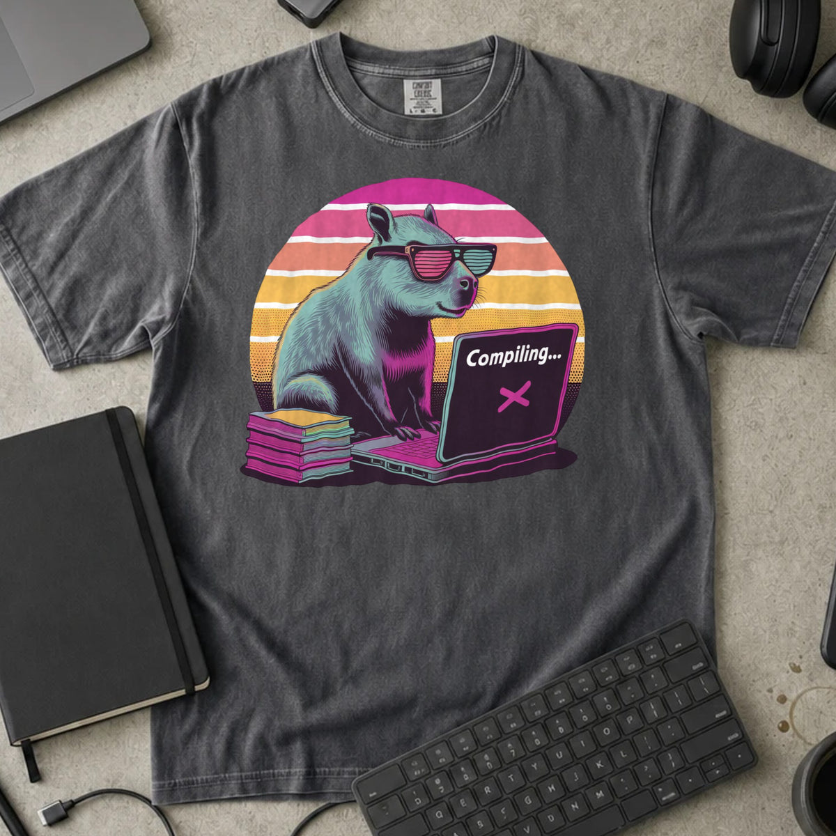 Compiling Capybara Shirt in Pepper, Comfort Colors 1717 tee flat lay
