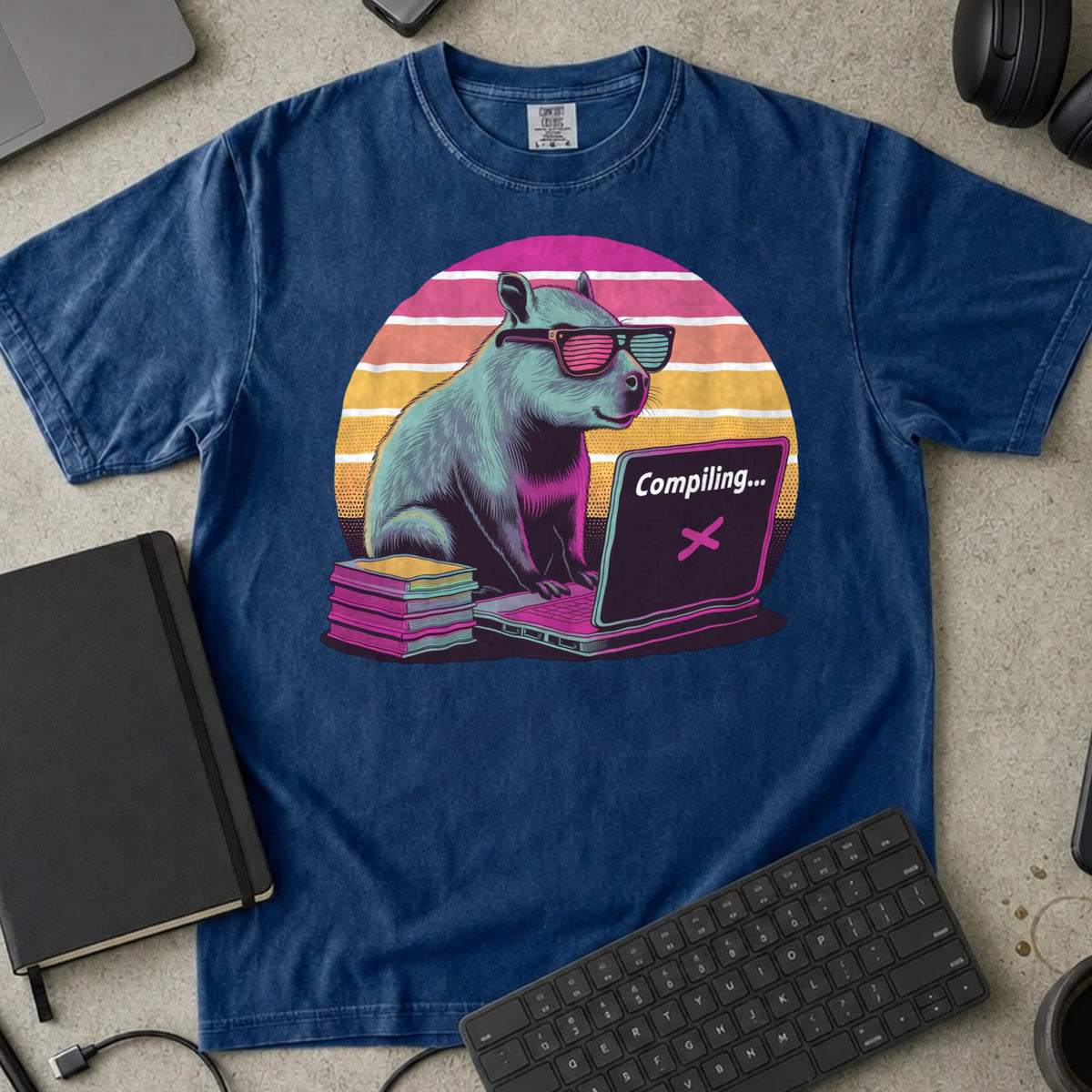Compiling Capybara Shirt in True Navy, Comfort Colors 1717 tee flat lay