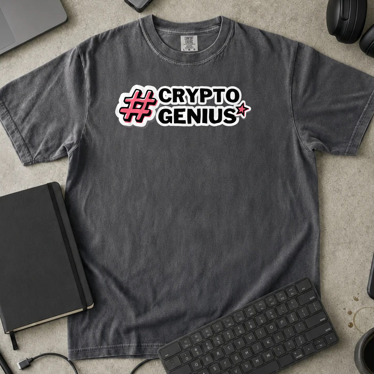 Crypto Genius Shirt in Pepper, Comfort Colors 1717 tee flat lay