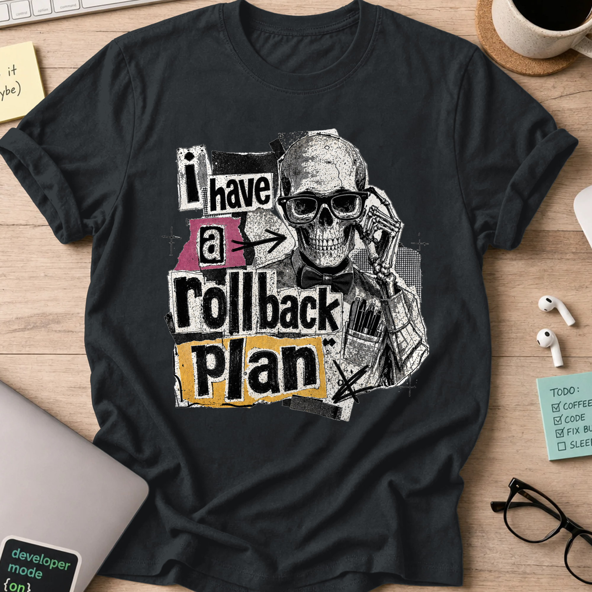 I Have a Rollback Plan Punk Collage Shirt — Black storefront mockup
