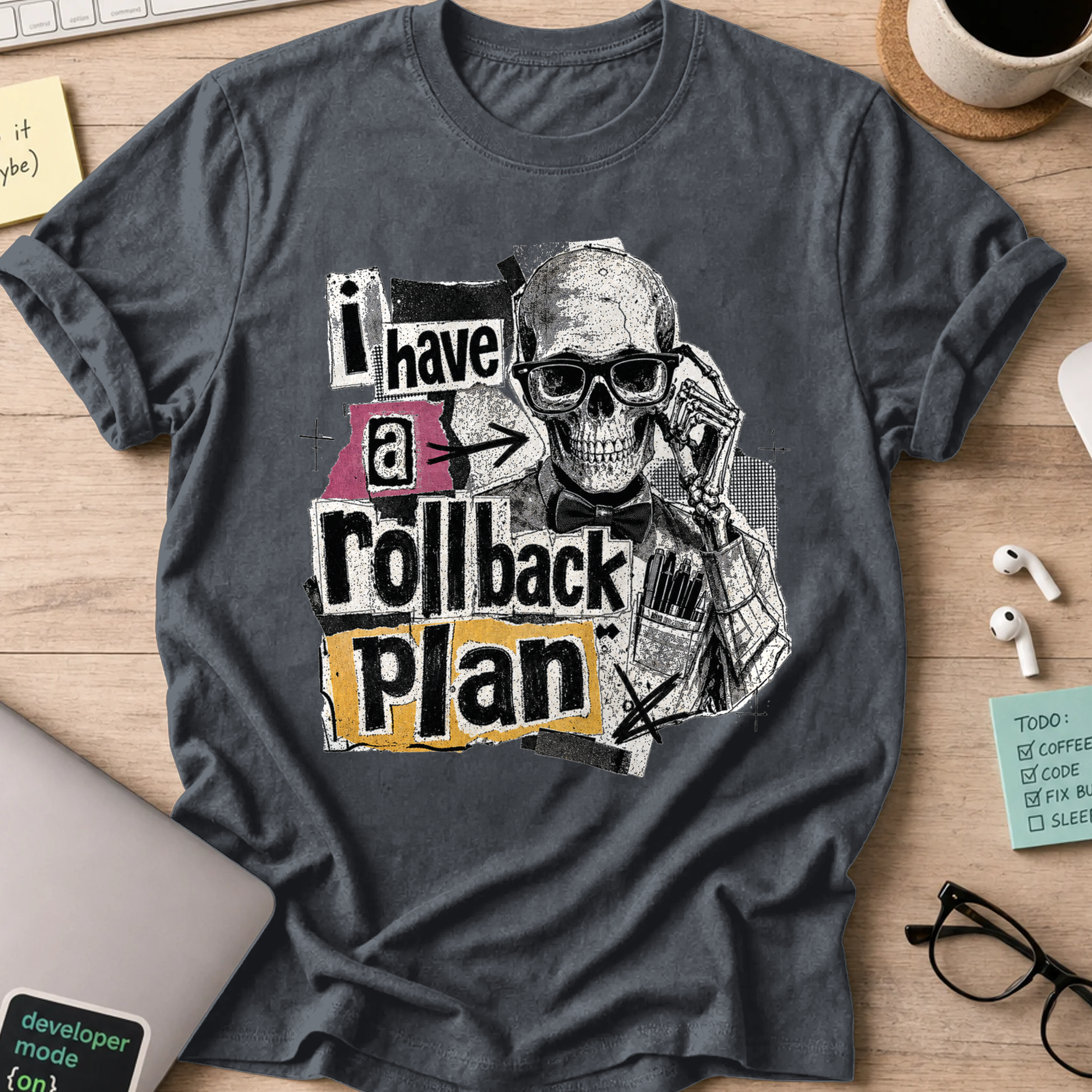 I Have a Rollback Plan Punk Collage Shirt — Dark Heather storefront mockup