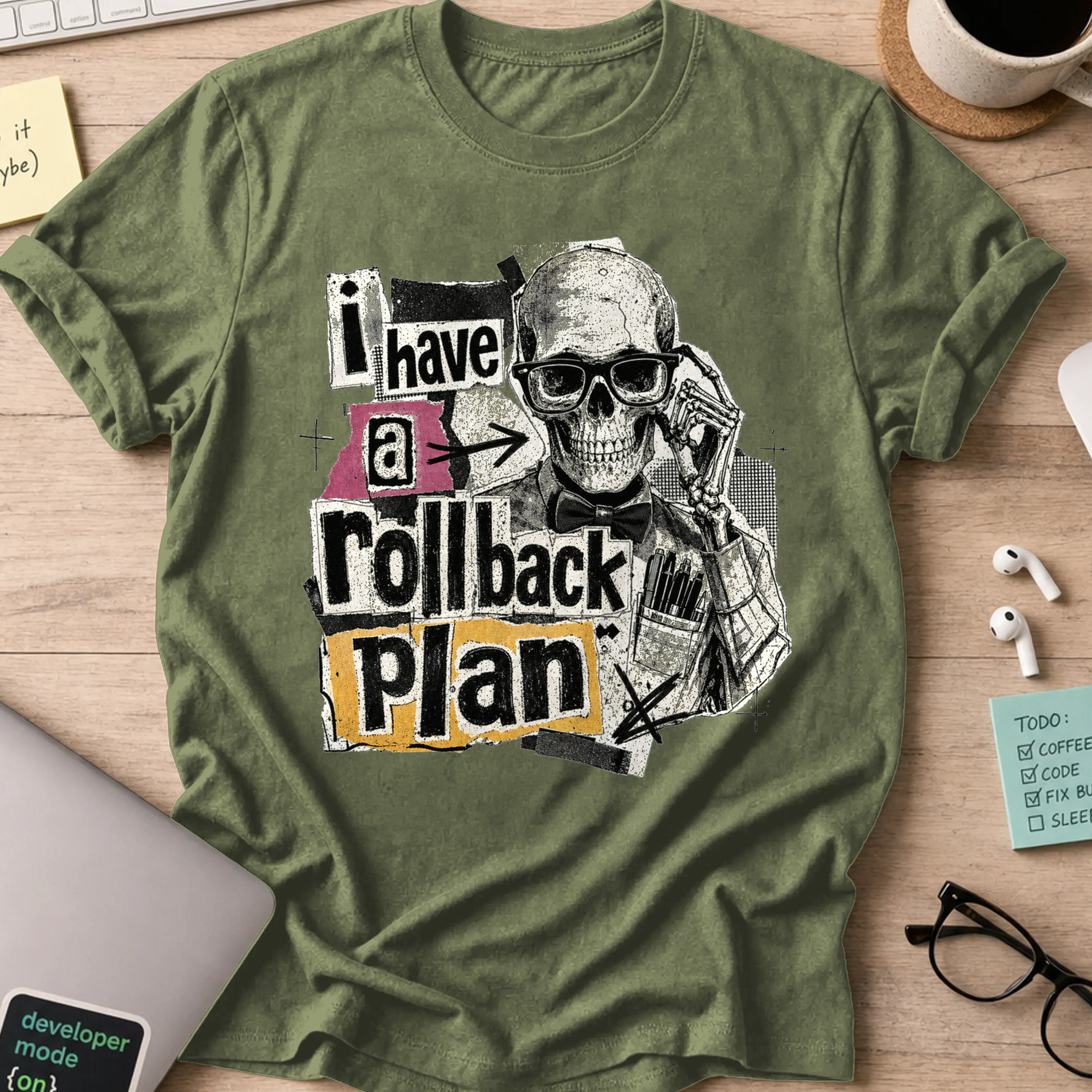 I Have a Rollback Plan Punk Collage Shirt — Military Green storefront mockup