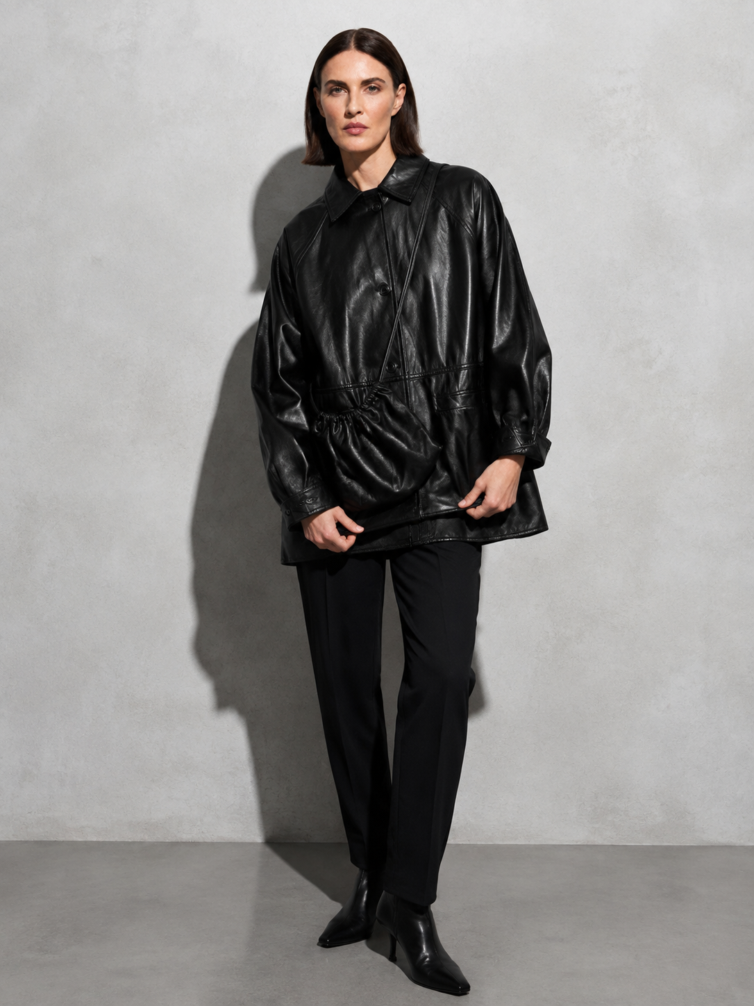 Women's Retro Motorcycle PU Leather Jacket with Bag in Black With Bag, 05 adjusting, worn by model