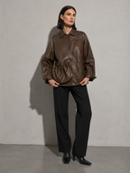 Women's Retro Motorcycle PU Leather Jacket with Bag in Red Brown With Bag, 05 adjusting, worn by model