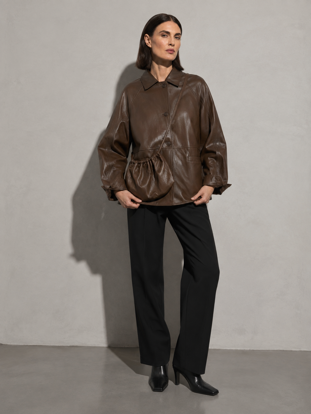 Women's Retro Motorcycle PU Leather Jacket with Bag in Red Brown With Bag, 05 adjusting, worn by model