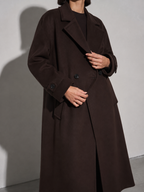 Women's Wide-Cut Reddish Brown Long Coat in Reddish Brown, 05 adjusting, worn by model